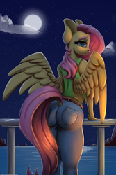 Size: 2000x3000 | Tagged: safe, alternate version, artist:skitsroom, character:fluttershy, species:anthro, species:pegasus, species:pony, ass, belt, butt, clothing, dock, female, flutterbutt, high res, jeans, lidded eyes, pants, smiling, solo