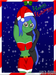Size: 1156x1527 | Tagged: safe, artist:cyber-murph, oc, oc:lightning voice, my little pony:equestria girls, arm behind head, armpits, belly, belly button, belt, breasts, caption, christmas, cleavage, clothing, costume, glasses, gloves, happy holidays, hat, holiday, midriff, miniskirt, mistletoe, santa costume, santa hat, skirt, tube top