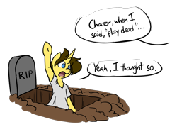 Size: 1280x914 | Tagged: safe, artist:spheedc, oc, oc:dream chaser, clothing, dialogue, digital art, grave, gravestone, playing dead, shirt, simple background, solo, speech bubble, transparent background