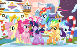 Size: 2685x1657 | Tagged: safe, artist:velveagicsentryyt, base used, character:applejack, character:fluttershy, character:pinkie pie, character:rainbow dash, character:rarity, character:twilight sparkle, character:twilight sparkle (alicorn), species:alicorn, species:deer, species:pony, species:reindeer, candy, candy cane, deerified, food, mane six, reindeerified, snow, snowfall, species swap