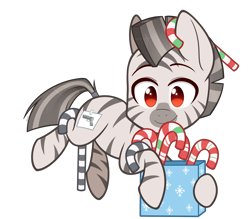 Size: 2000x1750 | Tagged: safe, artist:higgly-chan, oc, oc only, oc:mcmiag, species:zebra, box, candy, candy cane, chibi, christmas, cute, food, holiday, red eyes, simple background, solo, sticky note, transparent background