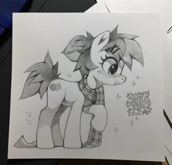 Size: 2048x1966 | Tagged: safe, artist:share dast, oc, oc only, oc:share dast, species:earth pony, species:pony, clothing, grayscale, hair clipper, monochrome, scarf, snow, snowflake, solo, traditional art