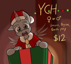 Size: 1280x1159 | Tagged: safe, artist:spheedc, oc, chimney, christmas, christmas lights, clothing, commission, costume, digital art, gift box, hat, holiday, in a box, santa costume, santa hat, smiling, solo, your character here