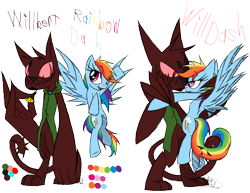 Size: 1150x888 | Tagged: safe, artist:didun850, character:rainbow dash, oc, oc:willbert, species:diamond dog, species:pegasus, species:pony, canon x oc, clothing, diamond dog oc, eye clipping through hair, female, flying, male, mare, simple background, text, transparent background, vest