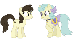 Size: 1024x548 | Tagged: safe, artist:dragonchaser123, oc, oc only, oc:boston cream, oc:morning rise, species:earth pony, species:pony, species:unicorn, bow, choker, duo, female, hair bow, mare, saddle, simple background, tack, transparent background, vector