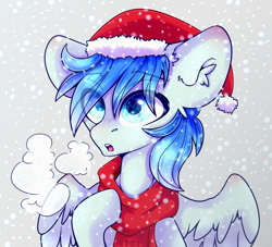 Size: 2200x2000 | Tagged: safe, artist:etoz, oc, oc only, oc:sports news, species:pegasus, species:pony, christmas, clothing, cold, commission, eyebrows, hat, holiday, male, pegasus oc, santa hat, scarf, snow, snowfall, solo, stallion, wingding eyes, ych result