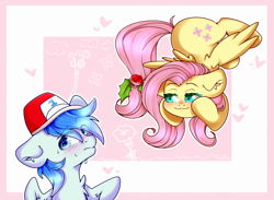 Size: 3000x2200 | Tagged: safe, artist:etoz, character:fluttershy, oc, oc:sports news, species:pegasus, species:pony, blushing, canon x oc, clothing, commission, cute, female, hat, holly, holly mistaken for mistletoe, male, mare, nervous sweat, pegasus oc, shipping, stallion, straight, sweat, wingding eyes, ych result