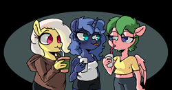 Size: 1246x654 | Tagged: safe, artist:smirk, oc, oc:libby belle, oc:midnight starfall, oc:mutter butter, species:anthro, belly button, blep, clothing, drink, freckles, midriff, ms paint, short shirt, simple background, tank top, tongue out