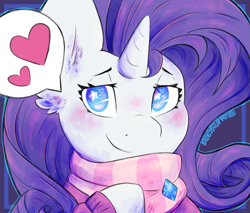 Size: 2977x2539 | Tagged: safe, artist:iroxykun, character:rarity, species:pony, species:unicorn, bust, clothing, cute, dialogue, ear fluff, female, freckles, gem, heart, heart eyes, high res, mare, no pupils, pictogram, portrait, raribetes, scarf, solo, speech bubble, starry eyes, sweater, wingding eyes, winter