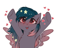 Size: 2649x2162 | Tagged: safe, alternate version, artist:rivibaes, artist:share dast, oc, oc only, oc:star universe, species:pegasus, species:pony, armpits, blushing, cute, ethereal mane, female, galaxy mane, happy, heart, hooves, hooves up, love, mare, mlem, ocbetes, open arms, silly, simple background, spread wings, tongue out, upsies, white background, wings