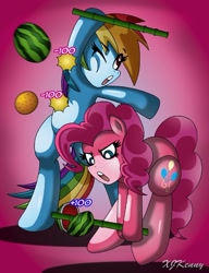 Size: 550x717 | Tagged: safe, artist:xjkenny, character:pinkie pie, character:rainbow dash, species:pony, bipedal, fruit ninja, watermelon