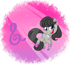 Size: 1600x1432 | Tagged: safe, artist:missmele-madness, character:octavia melody, species:earth pony, species:pony, my little pony:pony life, bow tie, chibi, colored hooves, cute, cutie mark background, deviantart watermark, female, mare, obtrusive watermark, smiling, solo, tavibetes, watermark