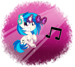 Size: 1600x1432 | Tagged: safe, artist:missmele-madness, character:dj pon-3, character:vinyl scratch, species:pony, species:unicorn, my little pony:pony life, abstract background, chibi, cute, deviantart watermark, female, magic, mare, obtrusive watermark, sitting, smiling, solo, vinyl's glasses, vinylbetes, watermark