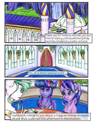 Size: 1950x2550 | Tagged: safe, artist:tillie-tmb, character:princess celestia, character:starlight glimmer, character:twilight sparkle, character:twilight sparkle (alicorn), species:alicorn, species:pony, comic:the amulet of shades, canterlot castle, grimdark series, traditional art