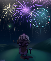 Size: 610x720 | Tagged: safe, artist:higgly-chan, oc, oc only, species:pony, fireworks, glass, new year, night, signature, sitting, solo