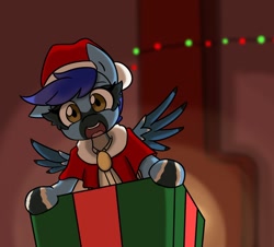 Size: 1280x1159 | Tagged: safe, artist:spheedc, oc, oc:jay jay, chimney, christmas, christmas lights, clothing, commission, costume, gift box, hat, holiday, santa costume, santa hat, smiling, solo, your character here