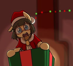 Size: 1280x1159 | Tagged: safe, artist:spheedc, oc, oc:sphee, species:earth pony, species:pony, chimney, christmas, christmas lights, clothing, commission, costume, female, filly, gift box, glasses, hat, holiday, mare, santa costume, santa hat, smiling, solo, your character here
