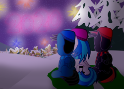 Size: 4595x3300 | Tagged: safe, artist:agkandphotomaker2000, character:dj pon-3, character:vinyl scratch, oc, oc:arnold the pony, oc:pony video maker, species:pegasus, species:pony, species:unicorn, 2020, canon x oc, clothing, fireworks, new year, new years eve, ponyville, rear view, scarf, sitting, snow, tree, videoscratch, winter, winter hat