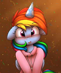 Size: 2100x2500 | Tagged: safe, artist:heavymetalbronyyeah, character:rainbow dash, species:pegasus, species:pony, g4, 2020, blep, cheek fluff, clothing, cute, dashabetes, ear fluff, female, floppy ears, happy new year, hat, high res, holiday, hoodie, human shoulders, looking at you, party hat, smiling, solo, tongue out