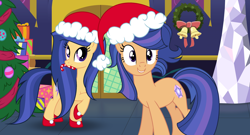 Size: 2814x1524 | Tagged: safe, artist:velveagicsentryyt, base used, oc, oc only, oc:velvet sentry, parent:flash sentry, parent:twilight sparkle, parents:flashlight, species:pony, species:unicorn, candy, candy cane, christmas, christmas tree, christmas wreath, clothing, female, food, hat, holiday, mare, mouth hold, offspring, present, santa hat, tree, wreath