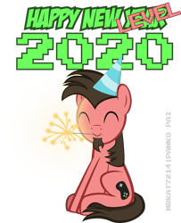 Size: 3500x4320 | Tagged: safe, artist:mrkat7214, oc, oc only, oc:ace play, species:earth pony, species:pony, 2020, clothing, facial hair, goatee, happy new year, hat, high res, holiday, male, mouth hold, party hat, simple background, sitting, smiling, solo, sparkler, stallion, transparent background, vector