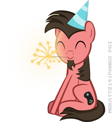 Size: 3500x3807 | Tagged: safe, artist:mrkat7214, oc, oc only, oc:ace play, species:earth pony, species:pony, 2020, clothing, facial hair, goatee, happy new year, hat, high res, holiday, male, mouth hold, party hat, simple background, sitting, smiling, solo, sparkler, stallion, transparent background, vector