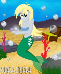 Size: 1893x2296 | Tagged: safe, artist:cyber-murph, character:derpy hooves, my little pony:equestria girls, belly, belly button, bikini, breasts, cleavage, clothing, coral, cute, derpabetes, flowing hair, mermaid, mermaidized, midriff, pearl, rock, signature, species swap, swimsuit, treasure chest, underwater