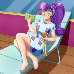 Size: 1024x1024 | Tagged: safe, artist:focusb, edit, editor:thomasfan45, character:rarity, species:human, equestria girls:spring breakdown, g4, my little pony: equestria girls, my little pony:equestria girls, spoiler:eqg series (season 2), barefoot, barrette, book, clothing, cruise ship, cute, dress, drink, feet, female, human coloration, juice, legs, looking at you, lounging, scene interpretation, sexy, smiling, solo, sunglasses