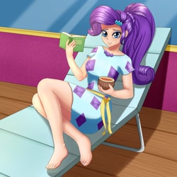 Size: 1024x1024 | Tagged: safe, alternate version, artist:focusb, edit, editor:thomasfan45, character:rarity, species:human, equestria girls:spring breakdown, g4, my little pony: equestria girls, my little pony:equestria girls, spoiler:eqg series (season 2), barefoot, barrette, beach chair, book, clothing, cruise ship, dress, drink, feet, female, human coloration, juice, legs, looking at you, lounging, ponytail, scene interpretation, smiling, solo, stupid sexy rarity