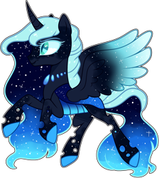 Size: 2540x2835 | Tagged: safe, artist:kurosawakuro, base used, oc, oc:midnight blue, parent:princess luna, parent:queen chrysalis, parents:chrysaluna, species:changepony, ethereal mane, female, galaxy mane, hybrid, interspecies offspring, magical lesbian spawn, offspring, simple background, solo, starry wings, transparent background, wings