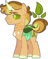 Size: 1280x1583 | Tagged: safe, artist:kurosawakuro, base used, oc, oc:autumn green, parent:sunburst, parent:thorax, parents:thoraxburst, species:changepony, ear piercing, earring, hybrid, interspecies offspring, jewelry, magical gay spawn, male, necklace, offspring, piercing, simple background, solo, transparent background