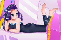 Size: 1280x848 | Tagged: safe, alternate version, artist:focusb, edit, editor:thomasfan45, character:rarity, species:human, episode:the other side, g4, my little pony: equestria girls, my little pony:equestria girls, barefoot, breasts, butt, cleavage, clothing, fabulous, feet, female, gloves, headphones, human coloration, prone, rearity, scene interpretation, sexy, solo, strapless, stupid sexy rarity, unitard