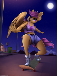 Size: 2250x3000 | Tagged: safe, artist:skitsroom, character:scootaloo, species:anthro, species:pegasus, species:pony, breasts, clothing, full moon, mailbox, moon, shirt, shoes, short pants, short shirt, skateboard