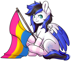 Size: 1884x1622 | Tagged: safe, artist:ak4neh, oc, oc only, oc:black ice, species:pegasus, species:pony, 2020 community collab, derpibooru community collaboration, clothing, cute, female, flag, looking at you, mare, pansexual pride flag, pegasus oc, pride, pride flag, simple background, sitting, socks, solo, striped socks, transparent background