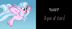 Size: 998x399 | Tagged: safe, artist:mlp-silver-quill, edit, edited screencap, editor:silverstreamfan999, screencap, character:silverstream, species:classical hippogriff, species:hippogriff, comic:pinkie pie says goodnight, episode:school daze, g4, my little pony: friendship is magic, spoilers for another series, comic, cropped, cute, diastreamies, female, looking at something, smiling, solo, spread arms, spread wings, stairs, that hippogriff sure does love stairs, wings