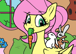 Size: 1424x1014 | Tagged: safe, artist:smirk, character:angel bunny, character:fluttershy, species:pegasus, species:pony, species:rabbit, animal, bust, carrot, cute, female, flower, folded wings, food, hair up, indoors, looking at you, mare, mouth hold, ms paint, older, three quarter view, wings