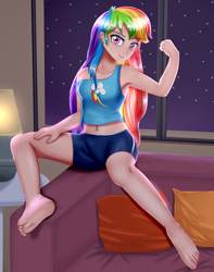 Size: 1500x1900 | Tagged: safe, alternate version, artist:focusb, edit, character:rainbow dash, species:human, my little pony:equestria girls, armpits, barefoot, beautiful, belly button, clothing, compression shorts, couch, cute, cutie mark on clothes, feet, female, flexing, gym shorts, hand on thigh, human coloration, lamp, legs, looking at you, midriff, night, off shoulder, pillow, sexy, shorts, sitting, solo, stupid sexy rainbow dash, table, tank top, window