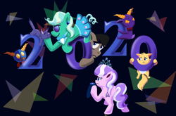 Size: 1900x1253 | Tagged: safe, artist:magerblutooth, character:diamond tiara, character:filthy rich, oc, oc:aunt spoiled, oc:dazzle, oc:handy dandy, oc:il, oc:peal, species:earth pony, species:pony, comic:diamond and dazzle, 2020, cat, happy new year, happy new year 2020, holiday, imp