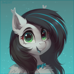 Size: 2500x2500 | Tagged: safe, artist:share dast, oc, oc only, oc:quantum heart, species:pegasus, species:pony, bust, chest fluff, ear fluff, female, jewelry, looking at you, mare, necklace, open mouth, portrait, smiling, solo, three quarter view