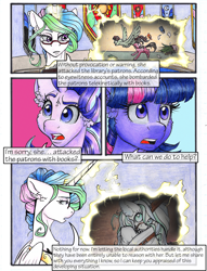 Size: 1950x2550 | Tagged: safe, artist:tillie-tmb, character:princess celestia, character:starlight glimmer, character:twilight sparkle, character:twilight sparkle (alicorn), species:alicorn, species:pony, comic:the amulet of shades, glasses, grimdark series, magic