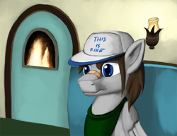 Size: 990x765 | Tagged: safe, artist:warskunk, oc, oc:fuselight, species:pony, cap, clothing, fire, hat, male, solo, stallion, this is fine