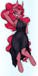 Size: 498x1000 | Tagged: safe, artist:kennzeichen, oc, oc:four eyes, species:anthro, armpits, bedroom eyes, black dress, body pillow, body pillow design, clothing, dress, female, looking at you, lying down, lying on bed, solo, tongue out