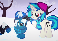 Size: 4682x3300 | Tagged: safe, artist:agkandphotomaker2000, character:dj pon-3, character:vinyl scratch, oc, oc:pony video maker, species:pegasus, species:pony, species:unicorn, canon x oc, clothing, covered in snow, rekt, scarf, snow, snowball, snowball fight, videoscratch, winter hat