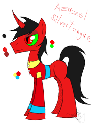 Size: 888x1150 | Tagged: safe, artist:didun850, oc, oc only, oc:azazel silvertongue, species:pony, species:unicorn, clothing, grin, red and black oc, reference sheet, signature, simple background, slit eyes, smiling, solo, transparent background, unicorn oc