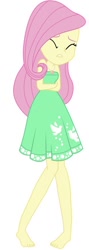 Size: 310x868 | Tagged: safe, artist:marcorois, editor:thomasfan45, character:fluttershy, species:human, episode:street chic, g4, my little pony: equestria girls, my little pony:equestria girls, spoiler:eqg series (season 2), bare shoulders, barefoot, clothing, cold, crossed arms, cute, dress, edited vector, eyes closed, feet, female, freezing, geode of fauna, legs, magical geodes, shivering, shyabetes, simple background, solo, vector, white background