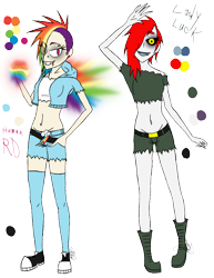 Size: 888x1150 | Tagged: safe, artist:didun850, character:rainbow dash, oc, oc:lady luck, species:human, clothing, converse, duo, female, glowing hands, grin, hair over one eye, humanized, shoes, simple background, smiling, transparent background