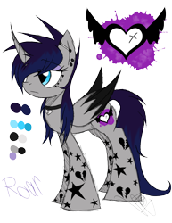 Size: 888x1150 | Tagged: safe, artist:didun850, oc, oc only, oc:roar, species:alicorn, species:pony, alicorn oc, collar, ear piercing, female, hair over one eye, heart, jewelry, mare, necklace, piercing, reference sheet, signature, simple background, solo, transparent background