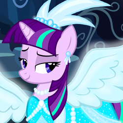 Size: 1000x1000 | Tagged: safe, artist:dharthez, artist:katya, edit, character:starlight glimmer, species:pony, species:unicorn, clothing, dress, female, glow, solo, wings