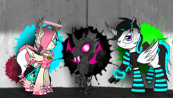 Size: 1280x720 | Tagged: safe, alternate version, artist:didun850, oc, oc only, oc:chilling, oc:dull, oc:feather breeze, oc:hydro rose, species:alicorn, species:changeling, species:changepony, species:pegasus, species:pony, alicorn oc, clothing, curved horn, disguise, disguised changeling, duality, ear piercing, earring, fangs, female, freckles, glowing horn, gun, hair over eyes, halo, horn, hybrid, jewelry, magic, mare, pegasus oc, piercing, pink changeling, raised hoof, signature, socks, solo, striped socks, telekinesis, weapon, wings
