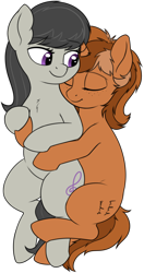 Size: 2326x4422 | Tagged: safe, artist:zippysqrl, character:octavia melody, oc, oc:sign, species:earth pony, species:pony, species:unicorn, canon x oc, chest fluff, cuddling, eyes closed, female, freckles, mare, simple background, smiling, spooning, transparent background